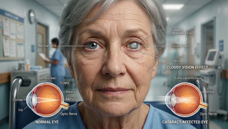 Cataract eye disease showing cloudy lens and blurred vision explained by Dr. Charu Chaudhary