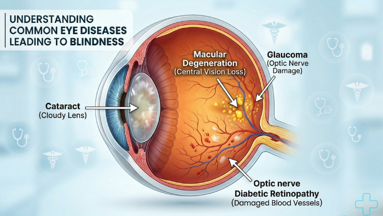 Common eye diseases leading to blindness including cataract, glaucoma, macular degeneration, and diabetic retinopathy explained with detailed eye anatomy illustration by Dr. Charu Chaudhary