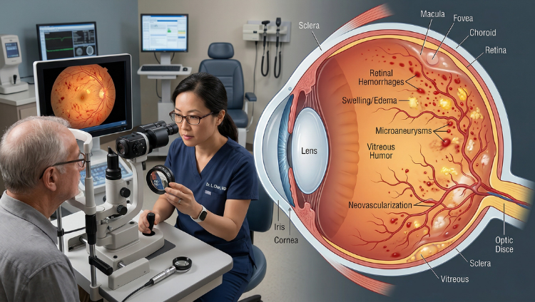 Diabetic retinopathy showing damaged retinal blood vessels in the eye explained by Dr. Charu Chaudhary