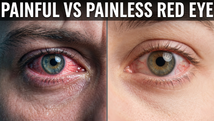Painful vs painless red eye comparison showing visible symptoms and severity differences