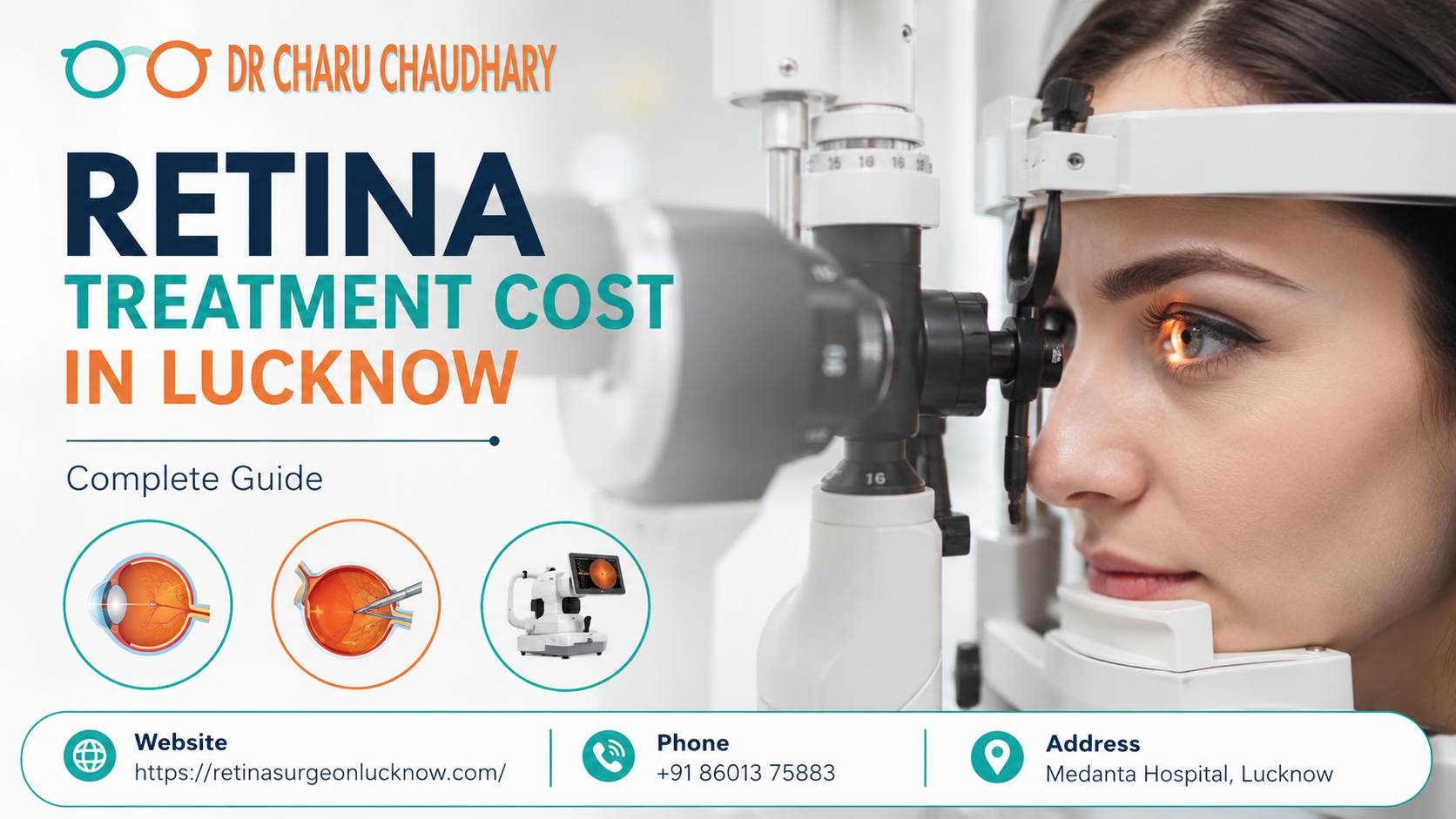 Retina Treatment Cost in Lucknow Complete Guide by Dr Charu Chaudhary featuring advanced eye examination, retina treatment visuals, ophthalmology technology, Medanta Hospital Lucknow, contact details, and retinal care services.