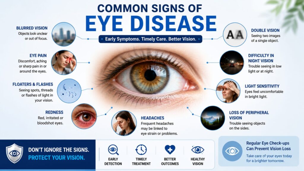 Infographic showing common signs of eye disease including blurred vision, eye pain, floaters, redness, headaches, double vision, night vision problems, light sensitivity, and peripheral vision loss by Dr. Charu Chaudhary, Best Eye Doctor in Lucknow.