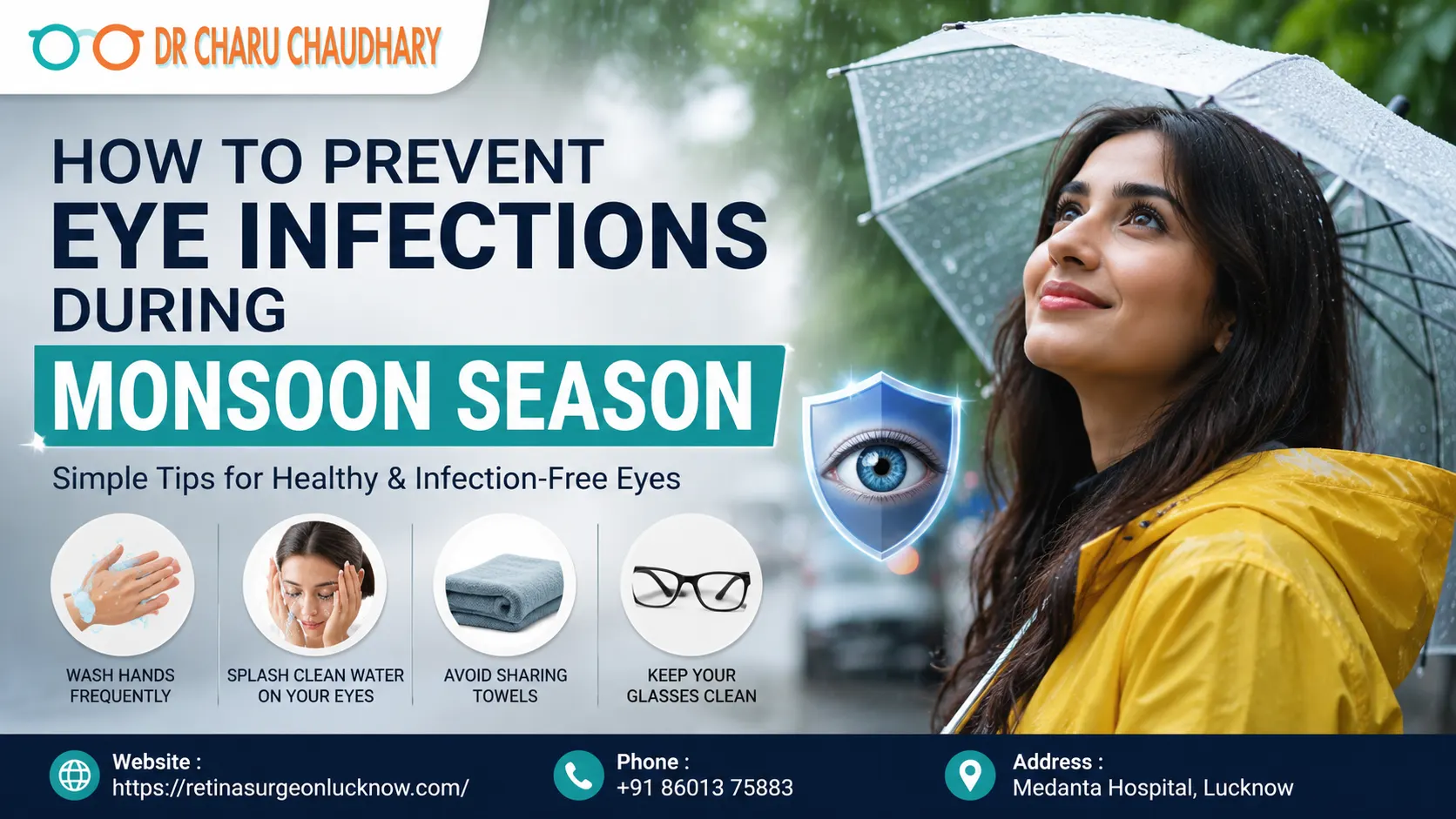 How to Prevent Eye Infections During Monsoon Season – realistic eye care awareness banner featuring a woman under an umbrella with monsoon eye safety tips, Dr. Charu Chaudhary logo, and contact details for retina and eye care at Medanta Hospital, Lucknow