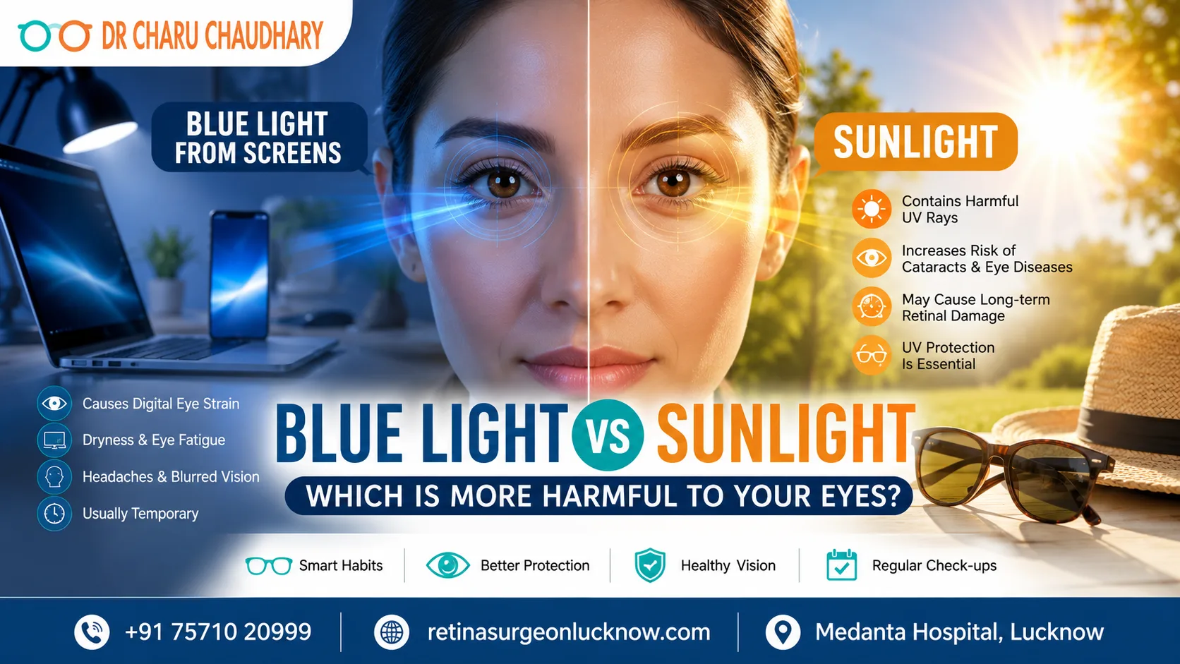 Blue Light vs Sunlight infographic comparing the effects of digital screen blue light and natural sunlight on eye health, featuring eye protection tips by Dr. Charu Chaudhary, Vitreo Retina Surgeon at Medanta Hospital, Lucknow.